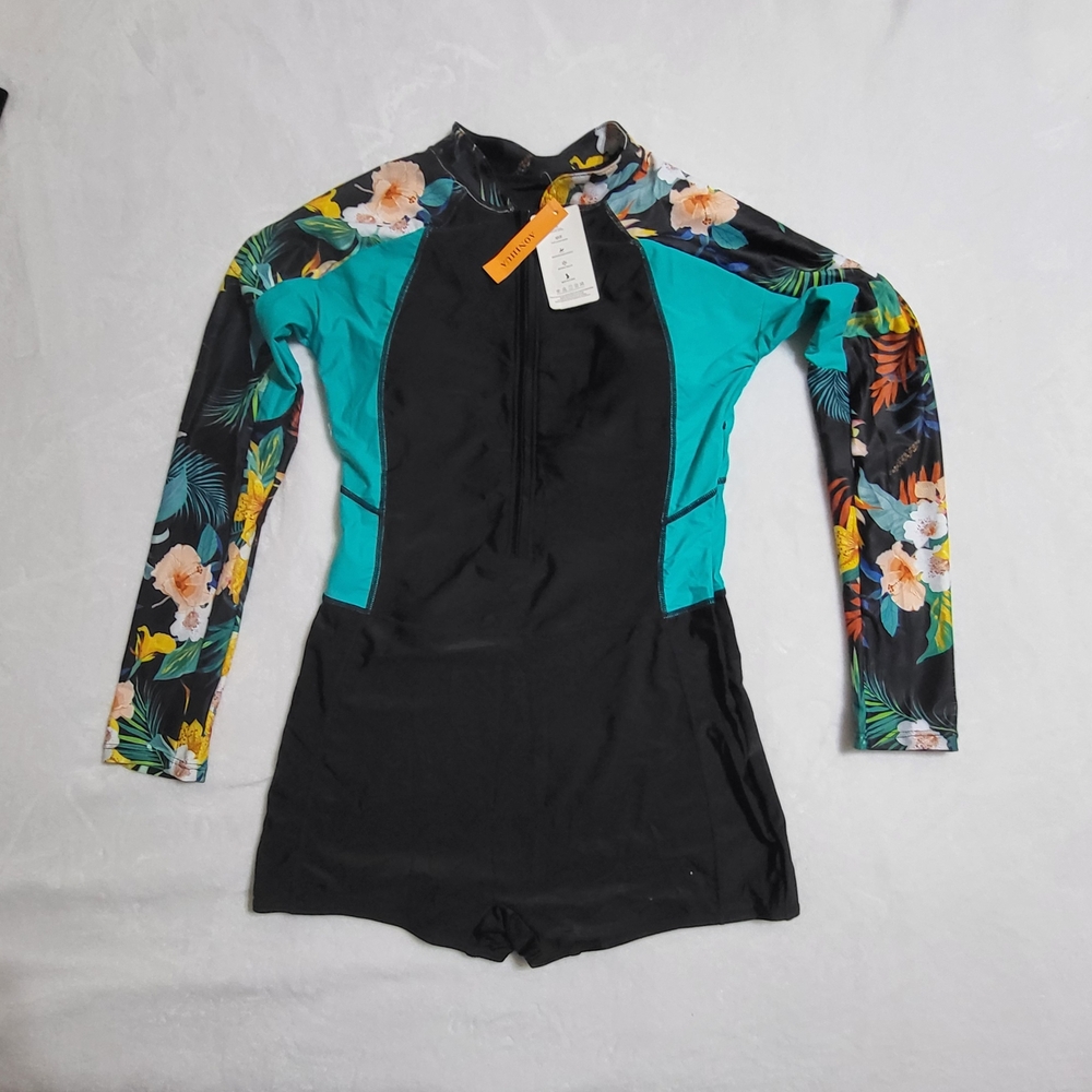 Black and Green Long Sleeve  One Piece Swimsuit with Tropical Print XL  NWT